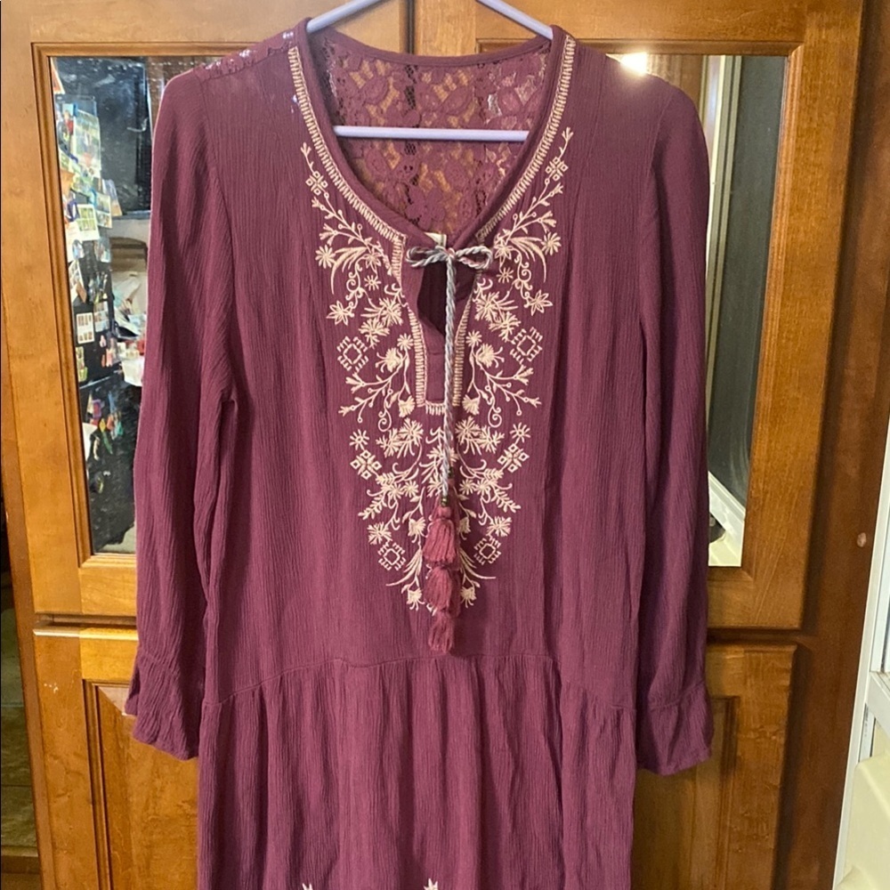 Purple Peasant Tiered Long Sleeve Dress with Crochet Medium Boho Fairy Grunge